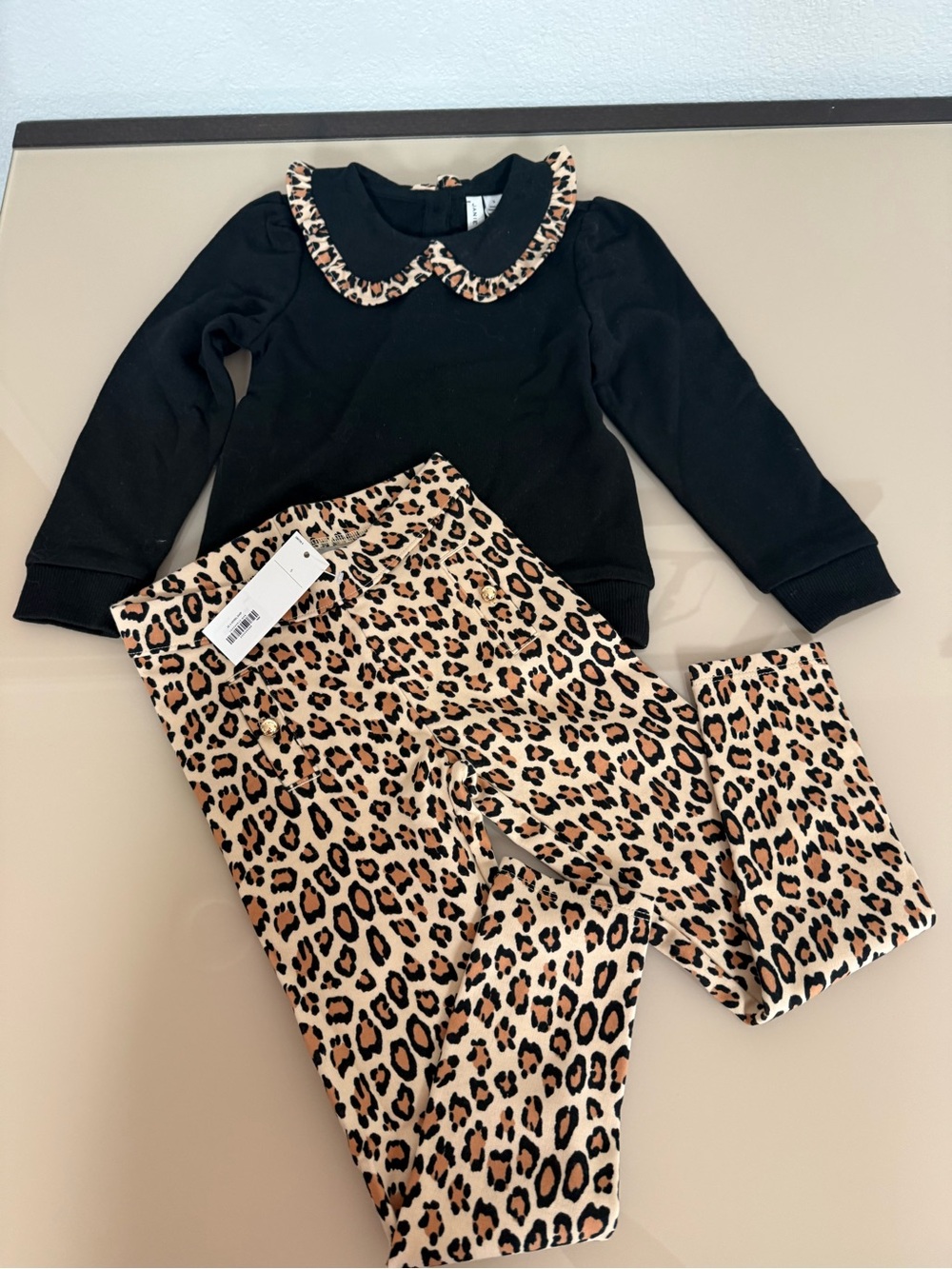 Janie and Jack Black Top with Leopard Print Collar and Leopard Print Pants